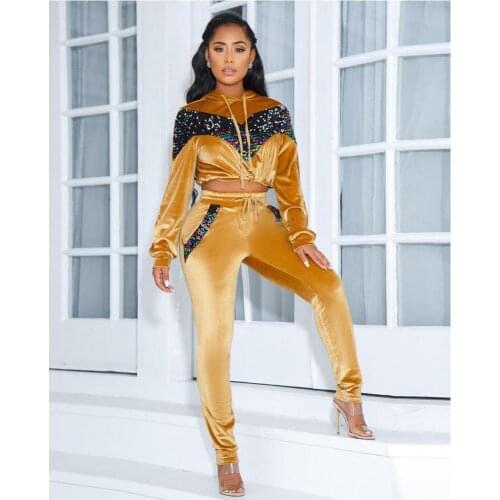 2Pcs/Set Casual Women Velvet Sequins Patchwork Hoodie Sweatshirt Pants Tracksuit Sweatshirt + Sports Pants Set
