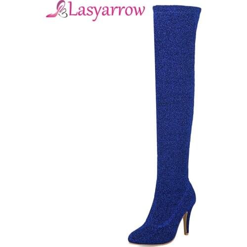 Lasyarrow Sexy Stretch Long Boots Womens Shoes Elegant Fashion Black Red Thigh High Stiletto Boots Gold Silver High Heels Boots