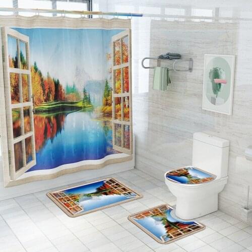 Scenic Printing Bathroom Carpet Set Bath Mat Shower Curtain Set Toilet Mat Bath Carpet Mat Bathroom Decorative Floor Mat