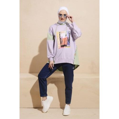 Nefise 21031 Hooded Metal Button Printed Sweatshirt