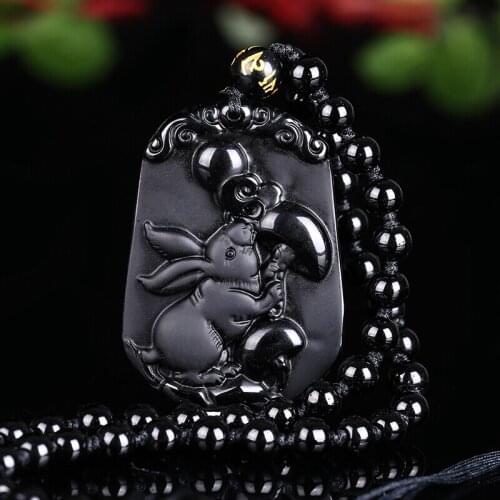 Natural Black Obsidian Beads Necklace Hand-Carved Zodiac Rabbit Jade Pendant Fashion Charm Jewelry Amulet for Man Women Gifts
