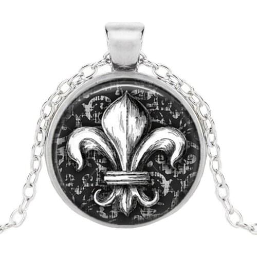 New Fashion Glass Necklaces For Women Men Fleur De Lis Lily Flower Pendant Long Cross Chain Necklace Vintage French Jewelry