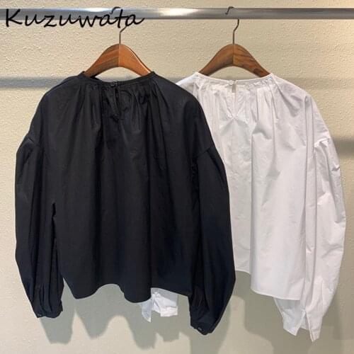 Kuzuwata Simple Solid Color Long Sleeve Shirts 2021 New Korean Style Elegant Women Blouse Loose All-match Design Femme Blusas