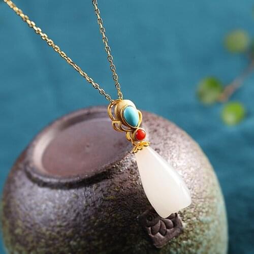 S925 Sterling Silver Gold-plated Womens Magnolia and Hetian Jade Necklace