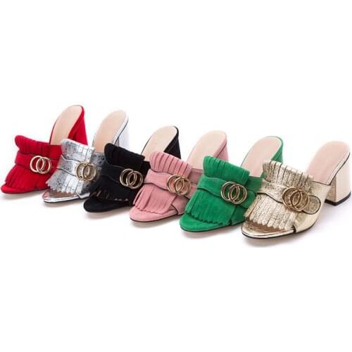 New Fashion Womens Slipper 10cm/7.5cm High Heel Summer Fringe Slippers Ladies Block Heel peep Toe sandal Luxury leather Slides