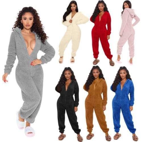 Adult Pajamas Women Sleepwear Solid Pyjama Overalls Winter Warm Nightie Hooded Jumpsuit Plus Size S-2XL
