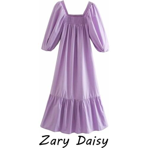 Zary Daisy2021 spring new womens fashion all-match thin fluffy puff sleeve dress long skirt