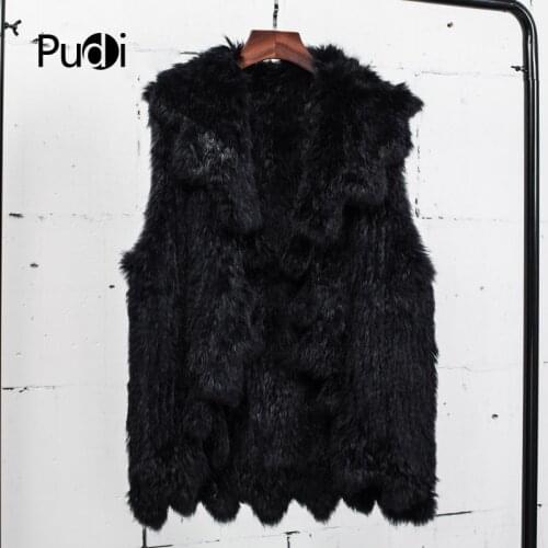 Pudi VT7024 The New Fashion Womens Vest Real Rabbit Fur Knitted Vest Jackets Black Color