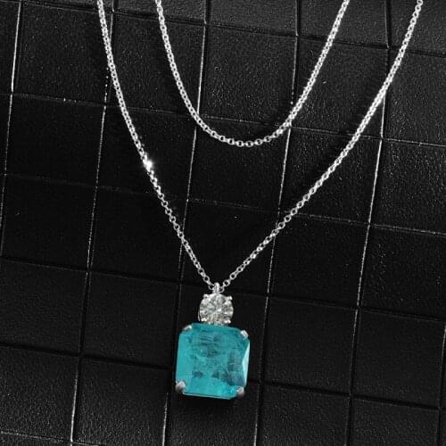 Luxury Pendants Necklaces For Women 925 Sterling Silver 15*15mm Paraiba Pendant Jewelry Ladies Diamond Pendant 40cm Necklace