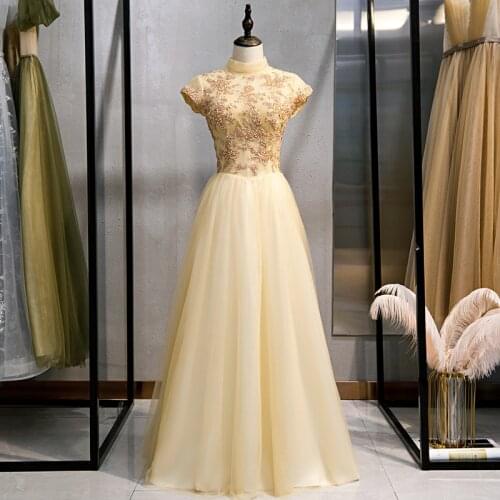 Bespoke Occasion Dresses Illusion High Short Sequined Embroidery Beading Lace Tulle Champagne Women Formal Evening Gown HB170