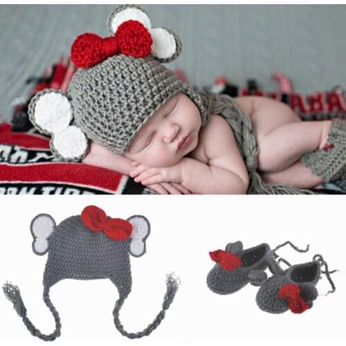 2pcs/Set Newborn Photography Props Crochet Elephant Long Braid Hat And Shoes Baby Clothes Suit