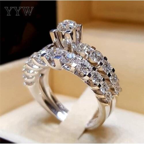 2pcs Bridal Set Elegant Rings For Women Sliver Color Wedding Engagement Fashion Jewelry Shiny Cubiz Zircon Female Ring Paired