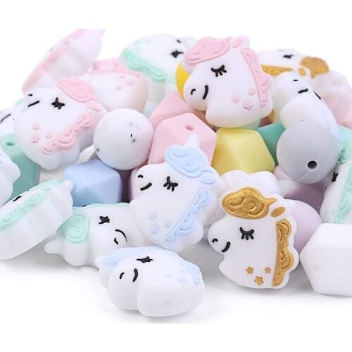 LOFCA Infant Teether Silicone Beads 5pcs unicorn Round Silicone Baby Teething Beads Food Grade Nursing Chew Silicone Beads Baby