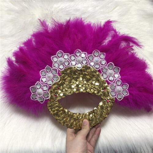 African Feather Hand Fan Handmade Luxurious Spanish Lady Turkey Lace Feather Fan with Sequin for Wedding Party Gift Dropshipping
