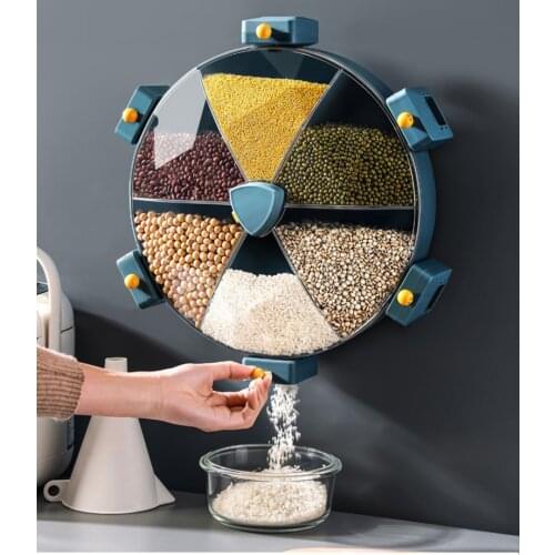 Large Rotate Storage Containers Cereals Dry Food Rice Dispenser Holder Plastic Divided Cells Wall Mounted Kitchen Organizer