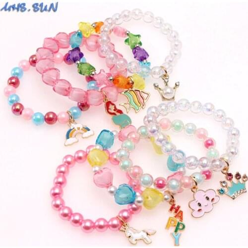MHS.SUN New Cartoon Mermaid/Unicorn/Crown Pendant Bracelet Charm Girls Beaded Bangles DIY Jewelry Baby Kids Birthday Gift 4PCS