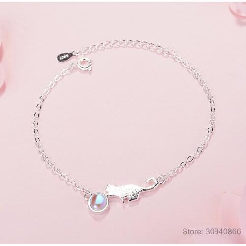 925 Sterling Silver Cut Cat Natural Strawberry Crystal Moonstone Bracelet Pulseiras For Women Girl Good Friend Present S-B185