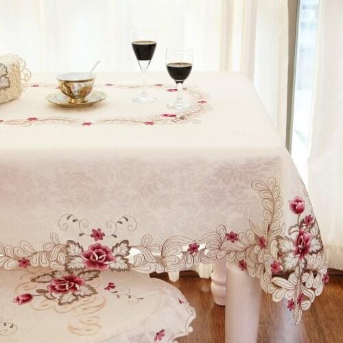 Europe Polyester Satin Jacquard Embroidery Floral Tablecloth Solid Color Embroidered Table Linen Cloth towel Cover Overlay