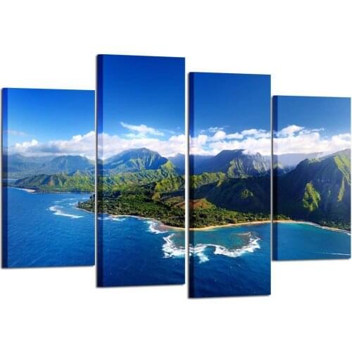 Beautiful Aerial View of Spectacular Na Pali Coast Kauai Blue Sky Hawaii Islands Canvas Prints Wall Art 4 Pieces Drop shipping