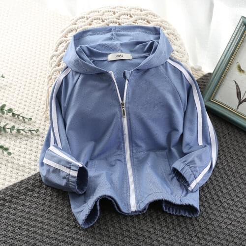 Boys Jacket With Hood Spring/Summer Striped Zipper Design Sunscreen Kids Casual Outerwear Sun Protection Children Coat LM084
