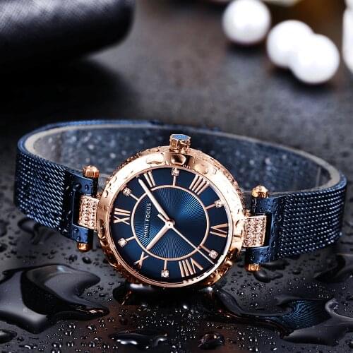 MINI FOCUS New Fashion Casual Quartz Women Watch Ultra Thin Blue Mesh Strap Crystal Roman Numeral Simple Dial Ladies Wristwatch