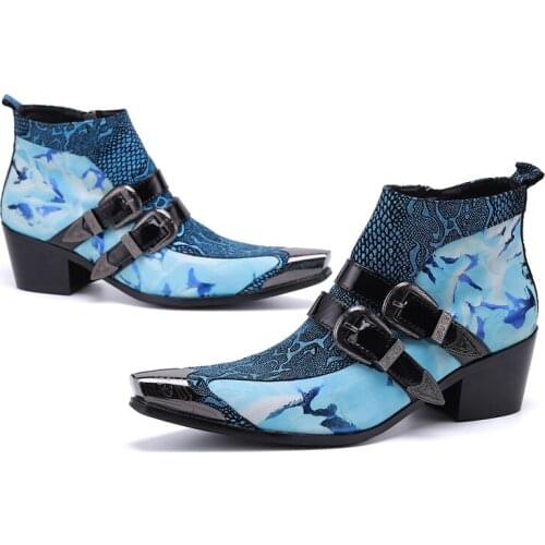 NEW Ankle Patent Leather Double Buckles Comfortable Men Shoes Cowboy Chelsea Mens Western Motorcycle Rivets Boots Dress Shoes