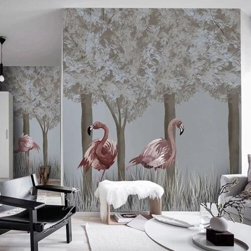 Custom Mural Wallpaper Nordic Hand Painted Forest Flamingo 3D Wall Paper Living Room TV Sofa Background Wall Decoration Painting
