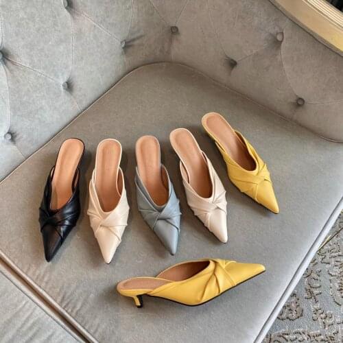 Summer New Pointy Stiletto Slippers Womens Bow Knot Baotou Lazy Mueller Shoes Sandals
