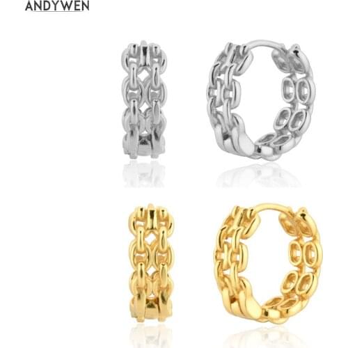 ANDYWEN 925 Sterling Silver Small Two Size Chain Circle Huggies Round Piercing Hoop Earring Women Fashion Pendiente Luxury
