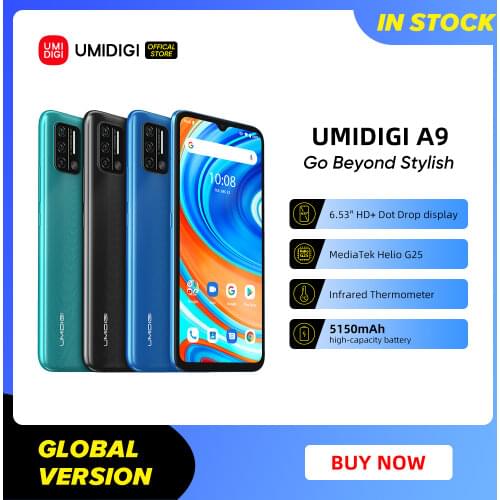 In Stock UMIDIGI A9 Smart Phone Android 11 Global Version 13MP AI Triple Camera Helio G25 Octa Core 6.53" HD+ 5150mAh Cellphone