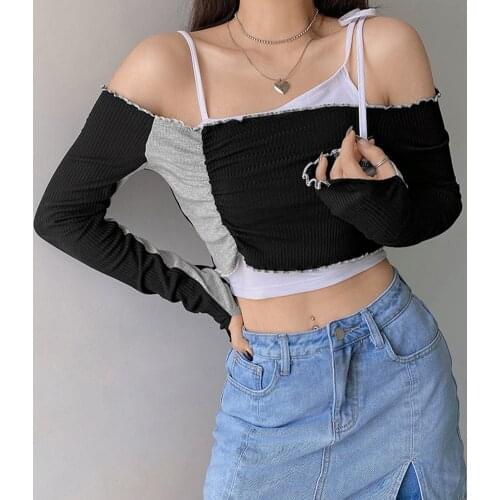Y2k Top Long Sleeve Crop Tops T Shirt Women Off Shoulder Irregular Bandage E Girl Aesthetic T-shirt Tops 2020 Solid Streetwear