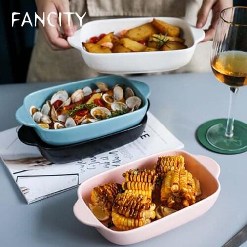 FANCITY Japanese-style household bakeware rectangular creative baking oven bowl colorful ceramic binaural microwave oven cheese