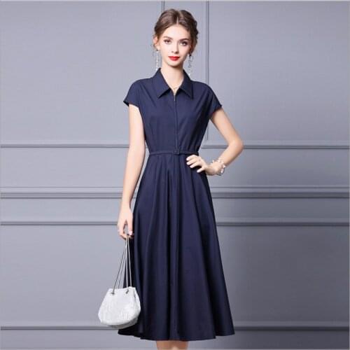 Cotton Short Sleeve Business Woman Summer Long Skirt Temperament Dark Blue White A-Line Ladies Dress Female Comfort Solid Skirts