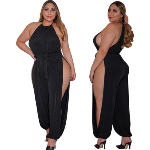 Plus Size Women Sexy Nightclub Wear Jumpsuits Autumn Charming O-neck Sleeveless Sashes Lace-Up Side High Split Loose Rompers