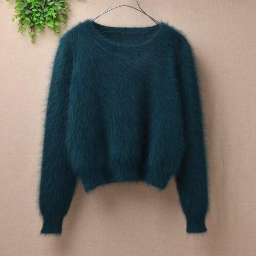 Ladies women fashion short style hairy fluffy crop top mink cashmere knitted long sleeve slim pullover angora fur jumper sweater