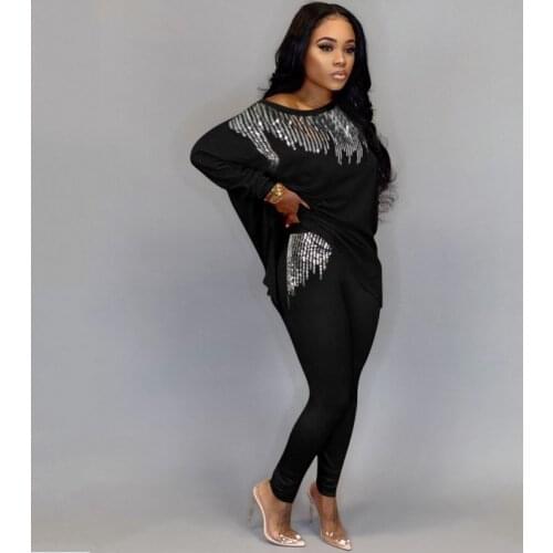 2020 Winter Women Sets Full Sleeve Sequined Top + Pants Suits Two Piece Set Casual Tracksuits Loose Fitness Streetwear Outfits