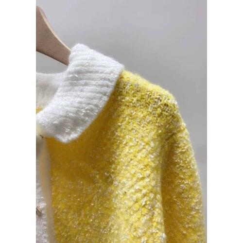 2021Autumn Winter Womens Sweater Color Patchwork Peter Pan Collar Lurex Long Sleeve Single Breasted Female Knit Cardigan