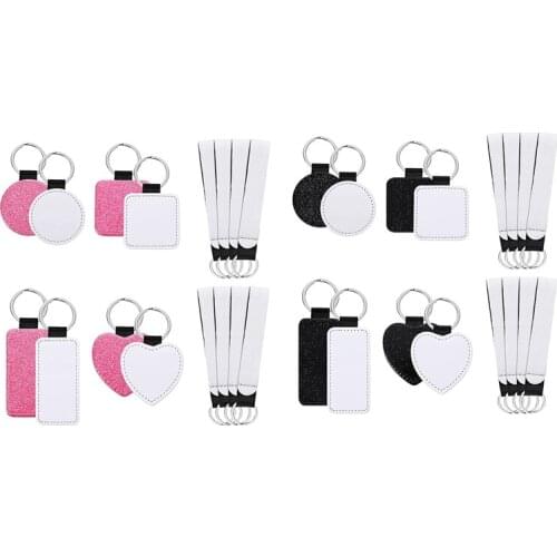 16 Pcs Sublimation Keychains Blanks Kits and Blank PU Wristlet Lanyard Sublimable DIY Heat Transfer for Tags