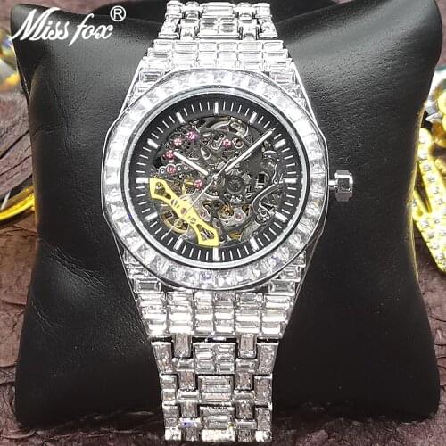 Hip Hop MISSFOX Automatic Mechanical Men Watches Full Square Diamond Silver Bling Watch Tourbillon AAA Clocks Relógio Masculino