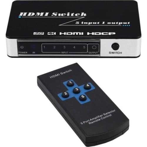 HDMI Switch 4K 5 Port 5x1 HDMI Switcher Splitter Box Support 4Kx2K Ultra HD 3D With Remote Control and Power Adapter