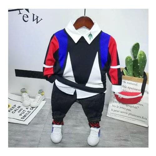 Childrens clothing set fashion cotton cute long-sleeved sweater + embroidery white shirt + jeans 3 piece set childrens suit