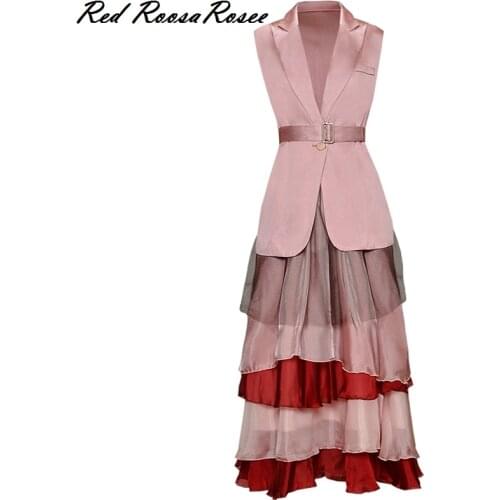 Two Piece Set Women Turn-down Collar Sleeveless Jacket + Elastic Waist Cake Skirt Female Suit Fashion