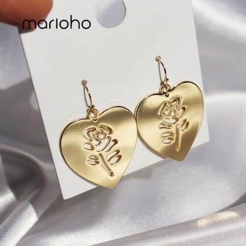 Marioho Fashion Metal Glossy Heart Rose Earrings Gold Color Geometric Drop Earrings Simple Valentines Day Party Jewelry Gift