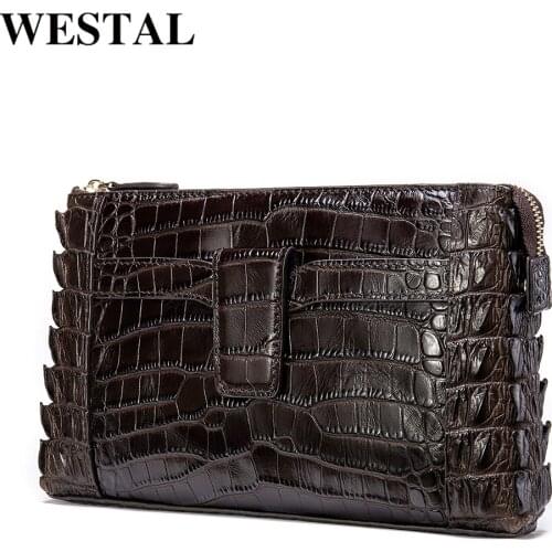 WESTAL mens wallet genuine leather clutch male purse for men luxury brand vintage crocodile pattern clutch bag for men 9899