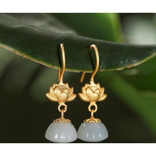 Natural Hetian Jade White Jade S925 Sterling Silver Retro Style Chinese Classical Lotus Flower Lotus Seedpod Lady Temperament Ea