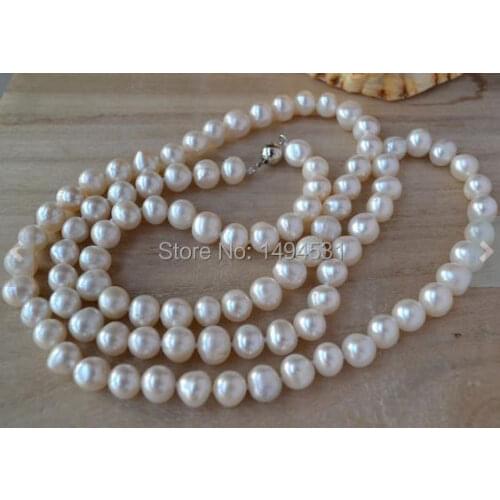 Wholesale Pearl Jewelry - White Color 9-10mm 34 Inches Long Genuine Freshwater Pearl Necklace - Handmade Jewelry.Free Shipping