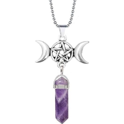 Triple Moon Goddess Quartz Hexagonal Pointed Pendant Necklace Reiki Chakra Pentagram Divination Wicca Amulet Protection Necklace