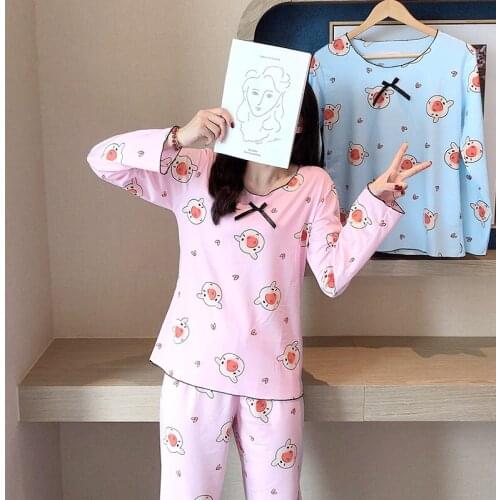 2020 Spring Long Sleeve Pure Cotton Pajamas Student Cute Loose-Fit Korean-style Spring And Autumn Days Thin Casual Homewear