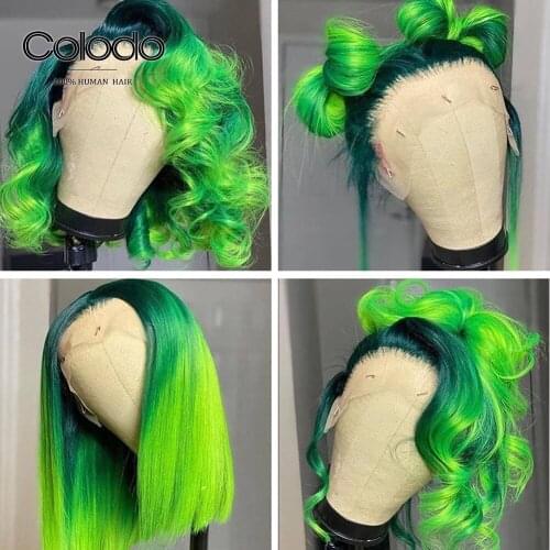 Green Pink Ombre Lace Front Wig Pre Plucked Blue Orange 13x6 Bob Wig Lace Front Human Hair Wigs with Baby Hair COLODO