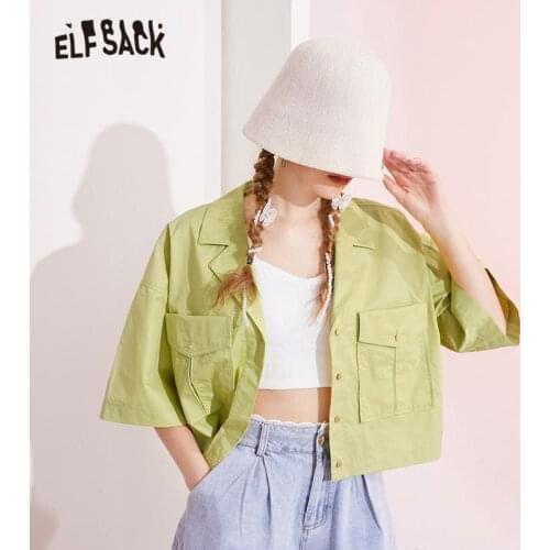 ELFSACK Solid Pure Single Breasted Minimalist Casual Shirt Women,2021 Spring Vintage Half Sleeve,Ladeis Basic Summer Top